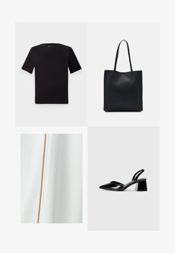 Must olema lühikeste varrukatega must t-särk ümmarguse kaelusega, valmistatud pehmest puuvillast kangast. Lihtne disain, ilma nähtavate logode või mustriteta.; Valge kangas, millel on sile tekstuur ja beež aktsenttriip, mis kulgeb vertikaalselt mööda ühte külge.; Mustad musta lakknahk kingad, millel on terav varvas ja geomeetriline plokkkonts. Omab elegantselt minimalistlikku disaini ja sujuvat tekstuuri.; Mustast nahast kott sujuva tekstuuriga, ristkülikukujuline ja kahe pika sangaga. Pole nähtavat riistvara ega kaunistusi.