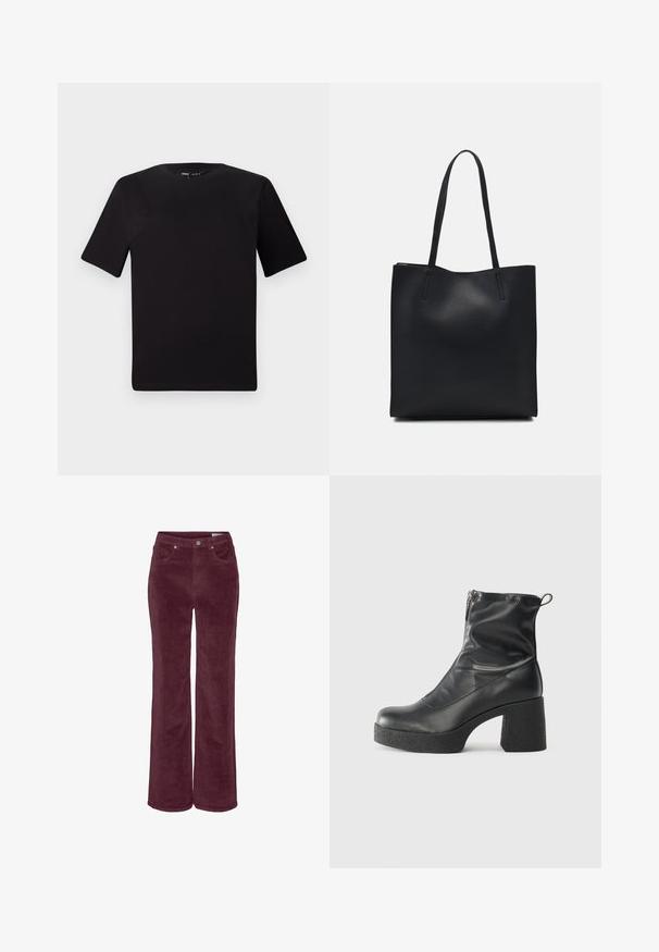 Čierne tričko s krátkym rukávom a okrúhlym výstrihom, vyrobené z mäkkej bavlny. Jednoduchý dizajn, bez viditeľných log alebo vzorov.; Manžestráky s rozšíreným strihom nohavíc, v hlbokej bordovej farbe. Majú predné vrecká a pútka na opasok, textúrovaný povrch látky.; Čierne členkové topánky z hladkej kože, so bočným zipsom, robustnou textúrovanou pätnou časťou a zaobleným dizajnom špičky.; Čierna kožená taška na rameno s hladkým povrchom, obdĺžnikovým tvarom a dvoma dlhými uchami. Bez viditeľného kovania alebo ozdôb.