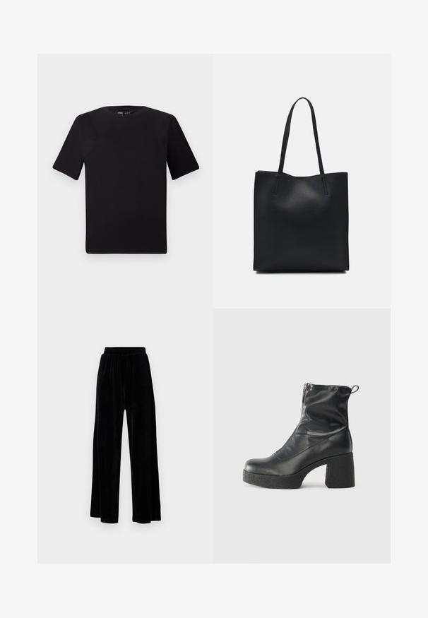Fekete, rövid ujjú póló, kerek nyakkal, puha pamutból készült. Egyszerű dizájn, nincs látható logó vagy minta.; Fekete, széles szárú nadrág puha velúrból, rugalmas derékkal és sima textúrával, látható díszítés vagy mintázat nélkül.; Fekete bokacsizmák sima bőrből, oldalsó cipzárral, vastag, texturált sarkú és lekerekített orrú dizájnnal.; Fekete bőrtáska sima felszínnel, téglalap alakú, két hosszú füllel. Nincs látható fémkiegészítő vagy díszítés.