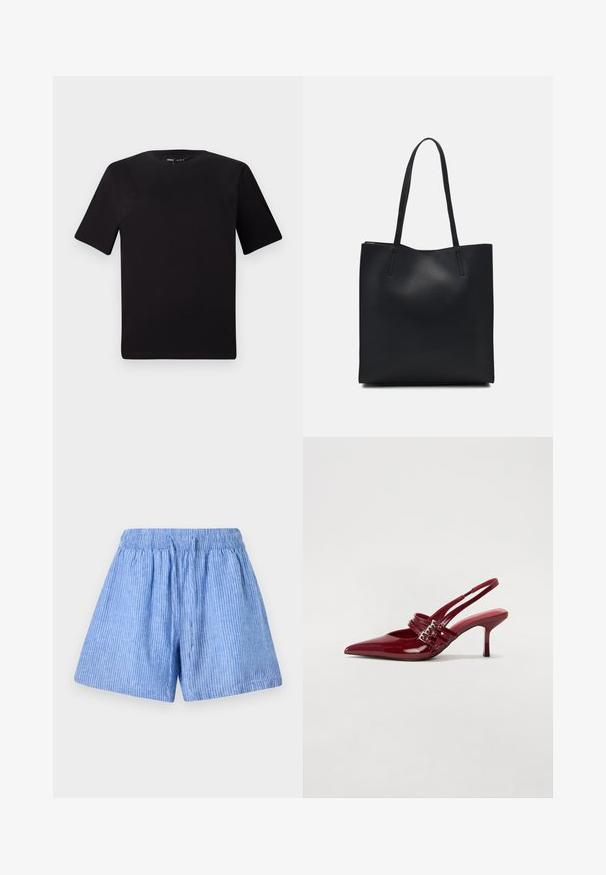 Svart t-skjorte med korte ermer og rund hals, laget av mykt bomullsstoff. Enkelt design, ingen synlige logoer eller mønstre.; Lyseblå bomullsshorts med vertikale hvite striper. Har en elastisk midje og en løs, avslappet passform.; Røde patentleder slingback hæle med spids tå, to spænde stropper og en slank, mellemhøj stiletto hæl. Glat tekstur.; Svart lær tote bag med glatt tekstur, rektangulær form og to lange håndtak. Ingen synlige deler eller dekorasjoner.