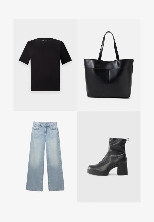 Črna majica s kratkimi rokavi in okroglim izrezom, izdelana iz mehkega bombažnega materiala. Preprost dizajn, brez vidnih logotipov ali vzorcev.; Svetlo modri široki jeans iz denima. Ima pet žepov, pasek in gumbasto zapiranje. Obledela pranje z rahlimi gubami.; Črne gležnjarje iz gladke kože z božnim zadrgo, masivnim teksturiranim peto in zaobljeno obliko prstov.; Črna usnjena torba z dvema dolgima ročajema, gladko teksturo in strukturirano obliko. Ima sprednji žep za dodatno shranjevanje.