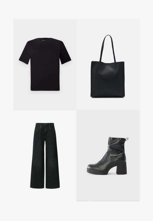T-shirt preta de mangas curtas com decote redondo, feita de tecido de algodão suave. Design simples, sem logótipos ou padrões visíveis.; Jeans pretos de perna larga feitos de denim, apresentando um design clássico de cinco bolsos e tachas decorativas perto dos bolsos da frente.; Botas de tornozelo pretas feitas de couro liso, com fecho lateral, salto grosso texturizado e design de bico arredondado.; Bolsa tote preta em couro com textura lisa, forma retangular e duas alças longas. Sem hardware ou enfeites visíveis.
