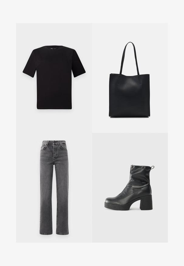 Tricou scurt negru cu mânecă scurtă și guler rotund, realizat dintr-un material de bumbac moale. Design simplu, fără logo-uri sau modele vizibile.; Blugi cu talie înaltă, drept, din denim gri închis, cu bucle de curea, cinci buzunare și detalii subtile de decolorare pe material.; Bocanci negri de glezna din piele netedă, cu fermoar lateral, toc texturat și masiv, și design cu vârf rotund.; Geantă tote neagră din piele, cu textură netedă, formă rectangulară și două mânere lungi. Fără hardware vizibil sau ornamente.