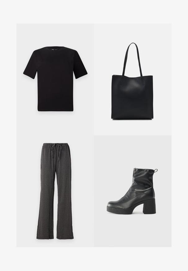 Černé tričko s krátkým rukávem a kulatým výstřihem, vyrobené z měkké bavlněné látky. Jednoduchý design, žádné viditelné logo nebo vzory.; Pruhované pyžamové kalhoty v černé a bílé barvě, s páskem na stažení v pase, širokými nohavicemi a měkkou, strukturovanou tkaninou s vertikálními pruhy.; Černé kotníkové boty vyrobené z hladké kůže, s bočním zipem, robustním strukturovaným podpatkem a kulatou špičkou.; Černá kožená taška přes rameno s hladkým povrchem, obdélníkovým tvarem a dvěma dlouhými uchy. Žádné viditelné kování ani ozdoby.