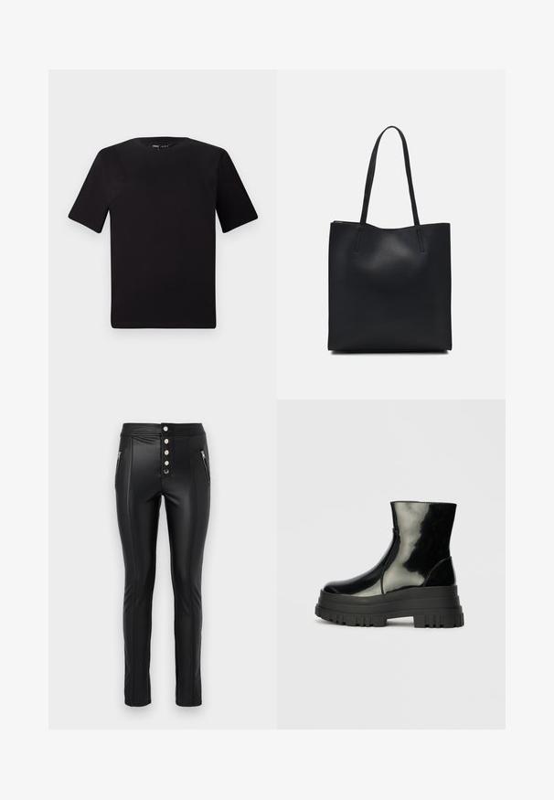 T-shirt nera a maniche corte con scollatura rotonda, realizzata in morbido cotone. Design semplice, senza loghi o motivi visibili.; Pantaloni in ecopelle nera con vita alta, cinque bottoni metallici, tasche laterali con zip e design aderente. Presentano dettagli di cucitura a vista.; Stivale nero lucido alla caviglia con suola spessa e tonda, vista laterale su sfondo grigio chiaro uniforme.; Borsa tote in pelle nera con texture liscia, forma rettangolare e due manici lunghi. Nessun hardware o decorazione visibile.