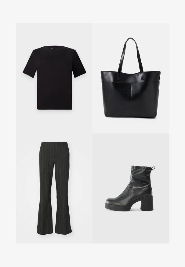 Črna majica s kratkimi rokavi in okroglim izrezom, izdelana iz mehkega bombažnega materiala. Preprost dizajn, brez vidnih logotipov ali vzorcev.; Črne široke hlače s belimi navpičnimi črtami, ki imajo oblikovano pasnico in gladko, teksturirano blago.; Črne gležnjarje iz gladke kože z božnim zadrgo, masivnim teksturiranim peto in zaobljeno obliko prstov.; Črna usnjena torba z dvema dolgima ročajema, gladko teksturo in strukturirano obliko. Ima sprednji žep za dodatno shranjevanje.