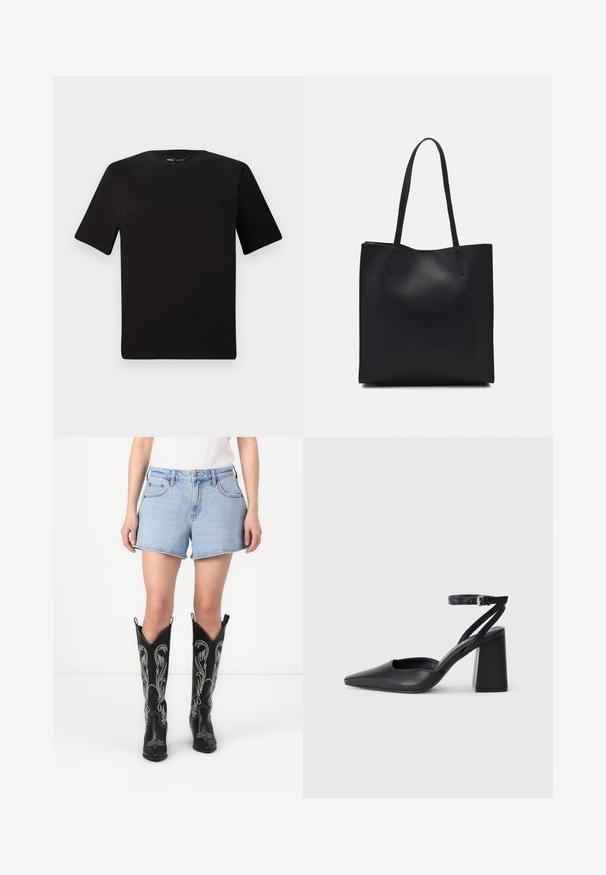 Black short-sleeve t-shirt with a round neckline, crafted from soft cotton fabric. Simple design, no visible logos or patterns.; Blue denim shorts with a classic cut, paired with black leather cowboy boots featuring white embroidered patterns and pointed toes.; Black leather pointy-toe pump with an ankle strap and a chunky heel. Flat texture, sleek design, and minimalistic aesthetics.; Black leather tote bag with smooth texture, rectangular shape, and two long handles. No visible hardware or embellishments.