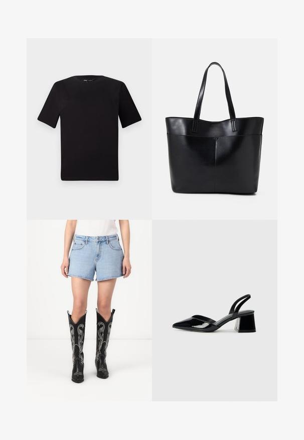 Black short-sleeve t-shirt with a round neckline, crafted from soft cotton fabric. Simple design, no visible logos or patterns.; Blue denim shorts with a classic cut, paired with black leather cowboy boots featuring white embroidered patterns and pointed toes.; Black patent leather slingback heels with a pointed toe and a geometric block heel. Features a sleek, minimal design and smooth texture.; Black leather tote bag with two long handles, a smooth texture, and a structured shape. Features a front pocket for additional storage.