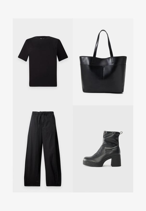 Černé tričko s krátkým rukávem a kulatým výstřihem, vyrobené z měkké bavlněné látky. Jednoduchý design, žádné viditelné logo nebo vzory.; Černé, lehké, kalhoty s elastickým pasem a šňůrkou, s volným střihem a hladkým povrchem. Bez viditelných vzorů nebo kovových částí.; Černé kotníkové boty vyrobené z hladké kůže, s bočním zipem, robustním strukturovaným podpatkem a kulatou špičkou.; Černá kožená taška s dlouhými ušima, hladkým povrchem a strukturovaným tvarem. Obsahuje přední kapsu pro další úložný prostor.