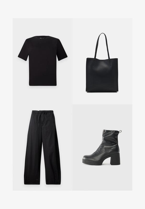 Črna majica s kratkimi rokavi in okroglim izrezom, izdelana iz mehkega bombažnega materiala. Preprost dizajn, brez vidnih logotipov ali vzorcev.; Črne, lahke, hlače z elastiko v pasu in vrvico, s sproščenim krojem in gladko teksturo. Brez vidnih vzorcev ali opreme.; Črne gležnjarje iz gladke kože z božnim zadrgo, masivnim teksturiranim peto in zaobljeno obliko prstov.; Črna usnjena torba s svilnato teksturo, pravokotne oblike in dvema dolgima ročajema. Brez vidnih metalnih delov ali okrasnih elementov.