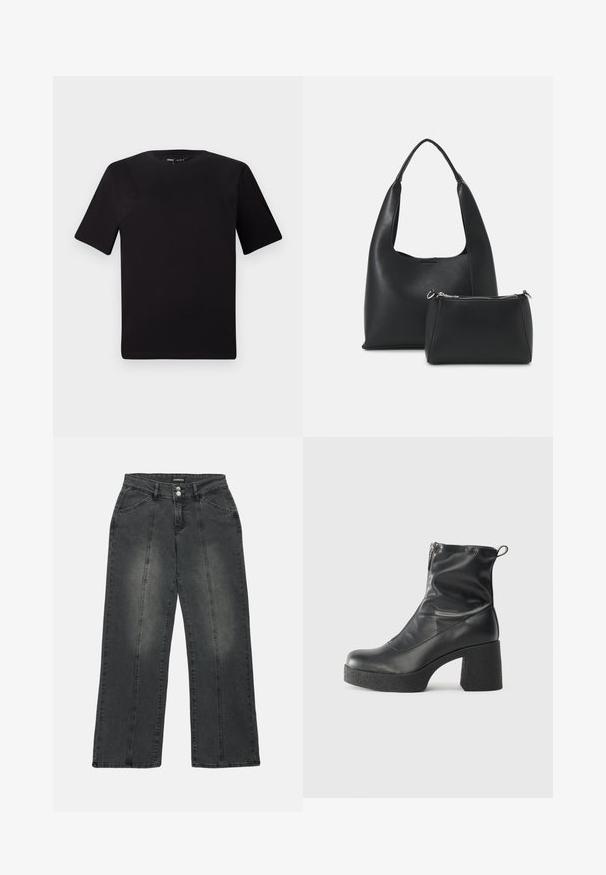 Tricou scurt negru cu mânecă scurtă și guler rotund, realizat dintr-un material de bumbac moale. Design simplu, fără logo-uri sau modele vizibile.; Jeans cu picioare largi din denim gri închis, cu talie înaltă, două buzunare frontale, cusături centrale și o ușoară decolorare pe țesătură.; Bocanci negri de glezna din piele netedă, cu fermoar lateral, toc texturat și masiv, și design cu vârf rotund.; Even&Odd Geantă de mână - black