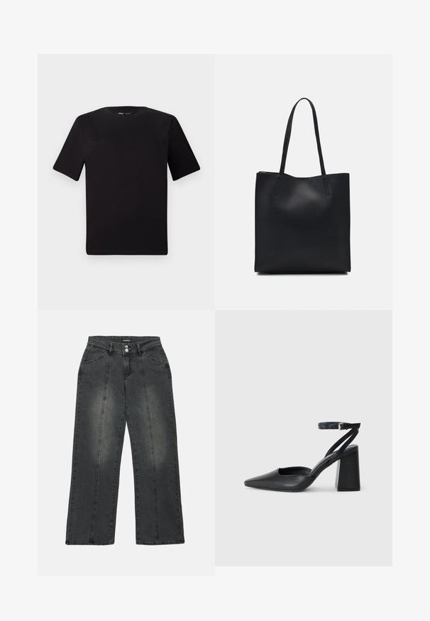 T-shirt preta de mangas curtas com decote redondo, feita de tecido de algodão suave. Design simples, sem logótipos ou padrões visíveis.; Jeans de perna larga em denim cinza escuro, com uma cintura alta, dois bolsos frontais, costuras centrais e um desbotamento subtil no tecido.; Sandal com biqueira afilada em couro preto, com cinta no tornozelo e salto grosso. Textura lisa, design elegante e estética minimalista.; Bolsa tote preta em couro com textura lisa, forma retangular e duas alças longas. Sem hardware ou enfeites visíveis.
