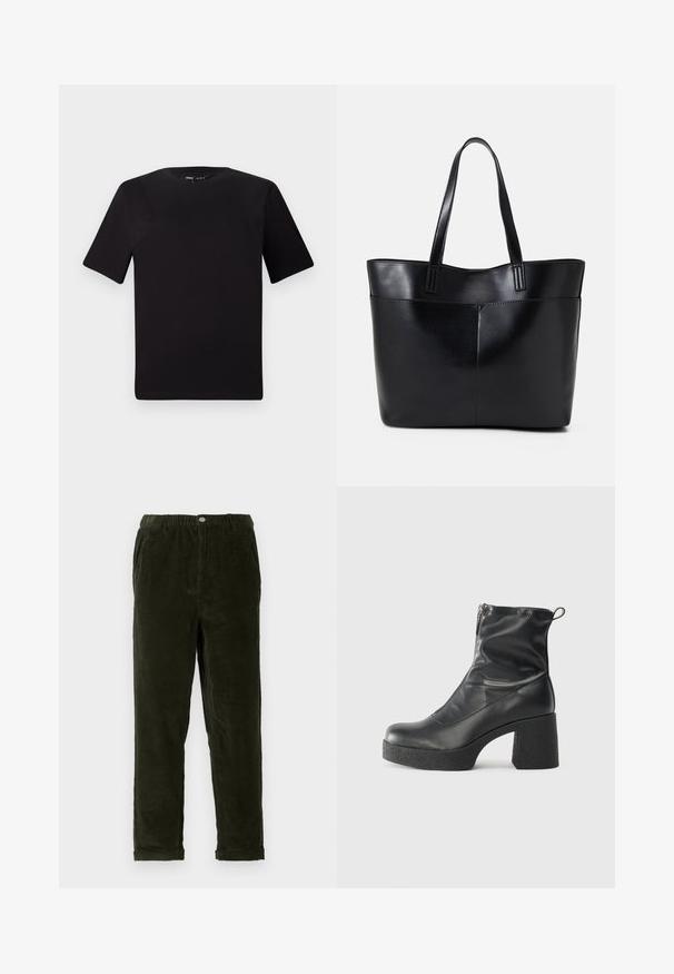 Czarna koszulka z krótkim rękawem o okrągłym dekolcie, wykonana z miękkiej bawełny. Prosty design, bez widocznych logo ani wzorów.; Ciemnozielone spodnie z sztruksu o fakturowanym wykończeniu, z elastycznym pasem, przednimi kieszeniami i zwężonymi nogawkami.; Czarne botki za kostkę wykonane z gładkiej skóry, wyposażone w boczny zamek błyskawiczny, masywny teksturowany obcas oraz zaokrąglony czubek.; Czarna skórzana torba na ramię z dwoma długimi uchwytami, gładką teksturą i sztywną formą. Posiada przednią kieszeń dla dodatkowego przechowywania.