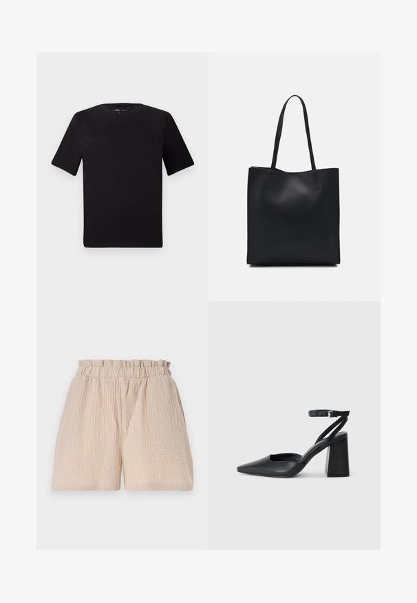 Black short-sleeve t-shirt with a round neckline, crafted from soft cotton fabric. Simple design, no visible logos or patterns.; Light beige shorts with a crinkled texture and an elastic waistband. The design features a loose fit and no additional details or patterns.; Black leather pointy-toe pump with an ankle strap and a chunky heel. Flat texture, sleek design, and minimalistic aesthetics.; Black leather tote bag with smooth texture, rectangular shape, and two long handles. No visible hardware or embellishments.