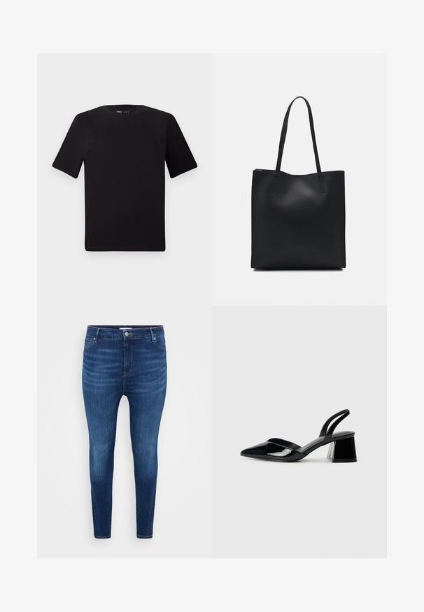 Melnas īsām piedurknēm T-krekls ar apaļu kakla izgriezumu, izgatavots no mīksta kokvilnas auduma. Vienkāršs dizains, bez redzamām logo vai rakstiem.; Tumši zili šauri džinsi ar priekšējiem kabatām, jostu cilpiņām un pogu aizdari uz vienkārša gaiša fona.; Melna lakota āda ar atvērto papēdi, ar smailu purngalu un ģeometrisku blokpapēdi. Iezīmējas elegants, minimāls dizains un gluda tekstūra.; Melnas ādas somiņa ar gludu tekstūru, taisnstūra formu un divām garām rokturiem. Nav redzamu aparatūras vai rotājumu.