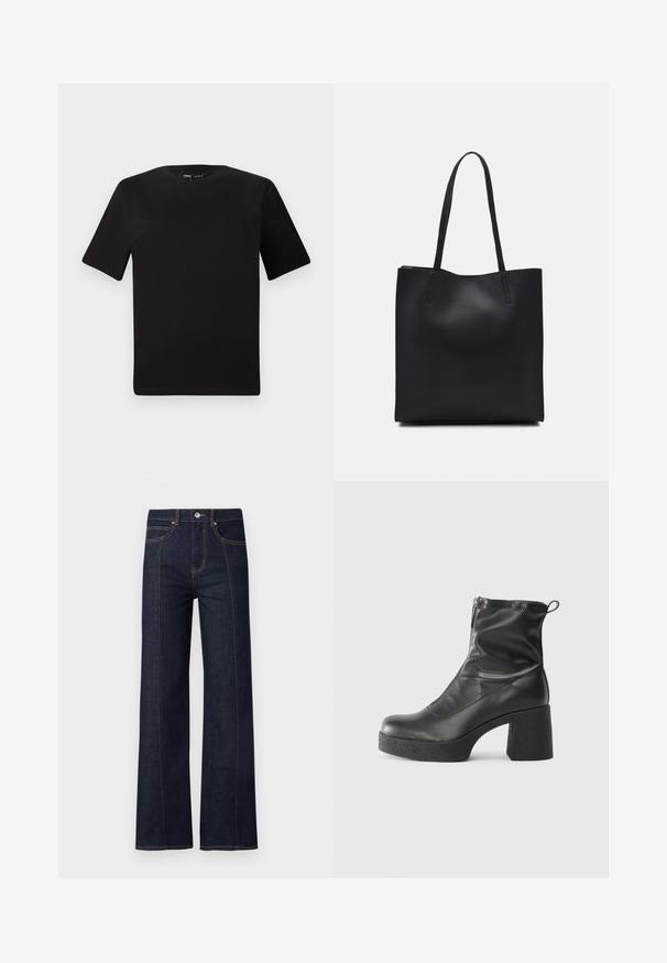 Black short-sleeve t-shirt with a round neckline, crafted from soft cotton fabric. Simple design, no visible logos or patterns.; Dark blue denim wide-leg jeans with a high waist, featuring contrasting orange stitching and five-pocket design. Flat front with button closure.; Black ankle boots made of smooth leather, featuring a side zipper, chunky textured heel, and rounded toe design.; Black leather tote bag with smooth texture, rectangular shape, and two long handles. No visible hardware or embellishments.