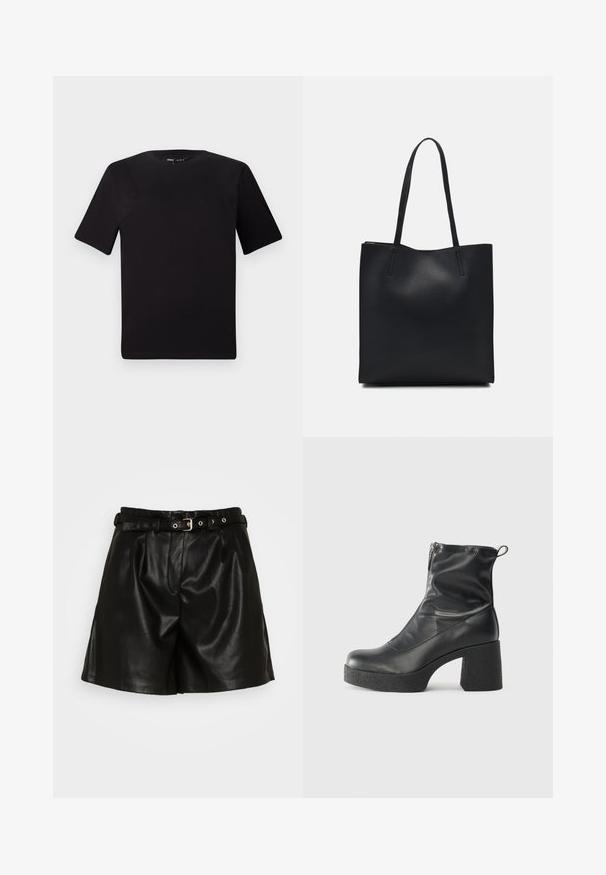 Μαύρο κοντομάνικο μπλουζάκι με στρογγυλή λαιμόκοψη, κατασκευασμένο από απαλό βαμβακερό ύφασμα. Απλός σχεδιασμός, χωρίς ορατά λογότυπα ή μοτίβα.; Μαύρο δερμάτινο σορτσάκι με πλισέ μπροστινό μέρος, ζώνη με χρυσή πόρπη και πλαϊνές τσέπες. Απαλή υφή και προσαρμοσμένη εφαρμογή.; Μαύρες μποτές μέχρι τον αστράγαλο από λείο δέρμα, με πλευρικό φερμουάρ, χοντρό υφασμάτινο τακούνι και στρογγυλή μύτη.; Μαύρη δερμάτινη τσάντα tote με λείο υφή, ορθογώνιο σχήμα και δύο μακριές λαβές. Χωρίς ορατό υλικό ή διακοσμητικά στοιχεία.
