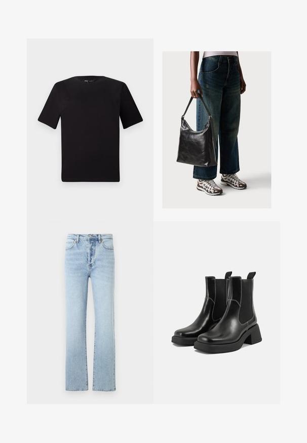Camiseta negra de manga corta con cuello redondo, fabricada en suave algodón. Diseño simple, sin logos ni patrones visibles.; Vaqueros de mezclilla de color azul claro con un diseño de pierna recta, que presentan una cintura alta, un estilo clásico de cinco bolsillos y un sutil desvanecimiento.; Botas Chelsea de cuero negro con tacón grueso, paneles laterales elásticos y costuras en blanco que contrastan. Acabado texturizado.; Bolso de hombro de cuero negro con una textura suave y correa ajustable, combinado con jeans de pierna ancha desgatados y zapatillas deportivas.