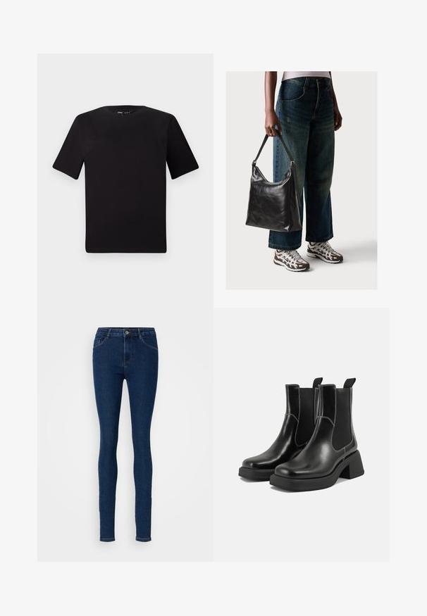T-shirt preta de mangas curtas com decote redondo, feita de tecido de algodão suave. Design simples, sem logótipos ou padrões visíveis.; Jeans justos em denim azul escuro, apresentando um design clássico de cinco bolsos, fecho frontal com botão e leve desbotamento no tecido para textura.; Botas Chelsea em couro preto com um salto grosso, painéis laterais elásticos e costura branca em contraste. Acabamento texturizado.; Bolsa de ombro em couro preto com textura suave e alça ajustável, combinada com jeans de perna larga desbotados e ténis desportivos.