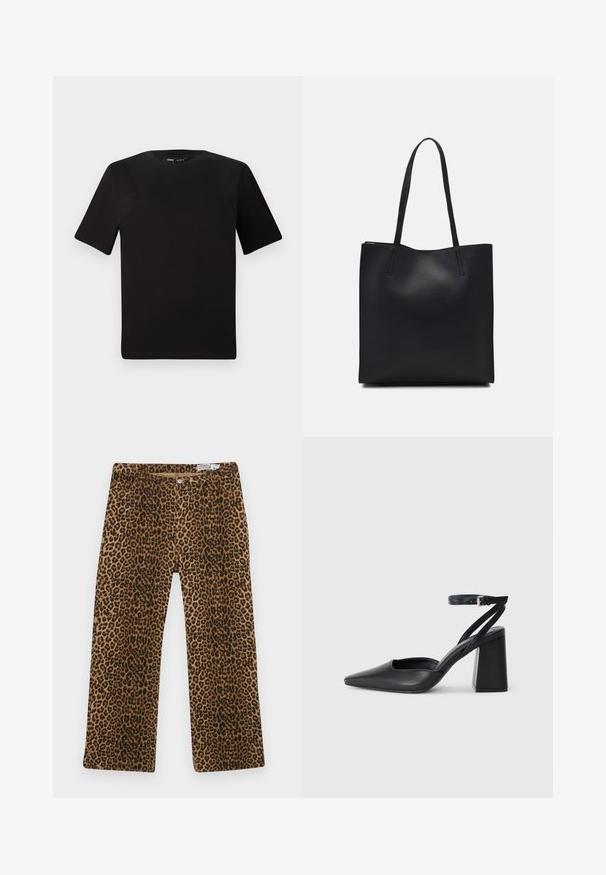 Black short-sleeve t-shirt with a round neckline, crafted from soft cotton fabric. Simple design, no visible logos or patterns.; Leopard print pants featuring a brown and black pattern, straight-leg design, and classic five-pocket styling. Made from cotton blend fabric.; Black leather pointy-toe pump with an ankle strap and a chunky heel. Flat texture, sleek design, and minimalistic aesthetics.; Black leather tote bag with smooth texture, rectangular shape, and two long handles. No visible hardware or embellishments.