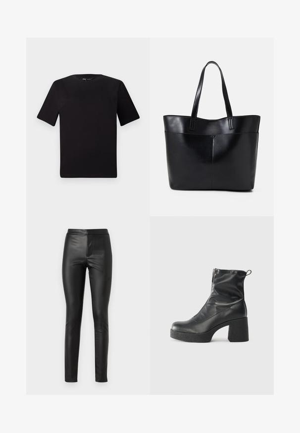 Must olema lühikeste varrukatega must t-särk ümmarguse kaelusega, valmistatud pehmest puuvillast kangast. Lihtne disain, ilma nähtavate logode või mustriteta.; Mustad nahast sukkpüksid, millel on sile tekstuur, kitsas lõige ja kõrge vöökoht. Esiosa õmblus tagab kohandatud välimuse.; Mustad mustad ansapüksid, mis on valmistatud siledast nahast, külje zipperiga, paksu tekstuuriga kontsaga ja ümmarguse nina disainiga.; Must mustaga musta nahast, millel on kaks pikka kanda, sile tekstuur ja struktureeritud kuju. Esipoolsel on lisakoti jaoks tasku.