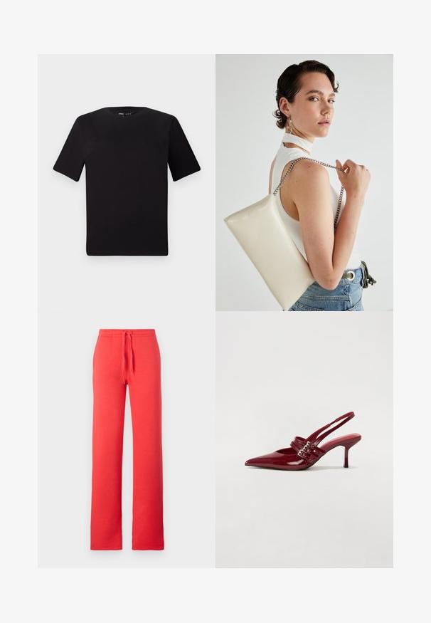 Fekete, rövid ujjú póló, kerek nyakkal, puha pamutból készült. Egyszerű dizájn, nincs látható logó vagy minta.; Piros edzőnadrág puha anyagból, húzózsinóros derékkal, egyenes lábakkal, zsebek és egyéb minták nélkül.; Piros lakkbőr slingback sarokcipő, hegyes orral, két csatoló pánttal és vékony, közepes magasságú stiletto sarokkal. Simább textúrájú.; Fehér, téglalap alakú, fényes anyagból készült clutch táska, ezüst láncos pánttal. A modell pózol, bemutatva a táskát egy egyszínű háttér előtt.