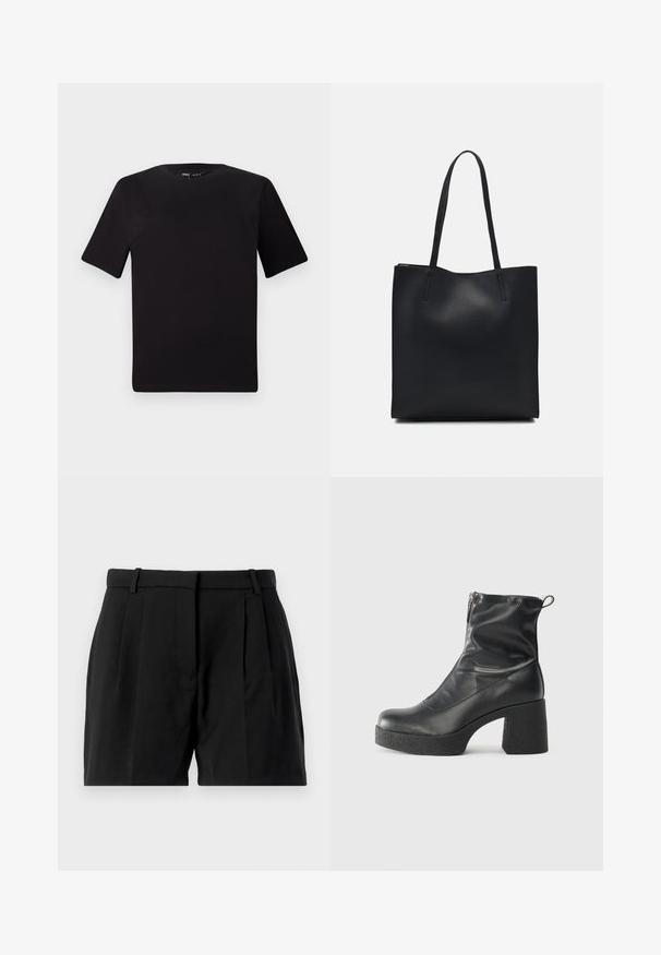 Musta lyhythihainen t-paita pyöreällä kaula-aukolla, valmistettu pehmeästä puuvillakankaasta. Yksinkertainen malli, ei näkyviä logoja tai kuvioita.; Mustat shortsit, joissa on muokattu malli, etupleatit, suora leikkaus ja sivutaskut. Valmistettu sileästä kudotusta kankaasta.; Mustat nilkkurit, jotka on valmistettu sileästä nahasta. Niissä on sivuvetoketju, paksu teksturoitu korko ja pyöristetty kärki.; Mustapahkainen kangaskassi, jossa on sileä pinta, suorakaiteen muotoinen ja kaksi pitkää kahvaa. Ei näkyvää metalliosaa tai koristeita.
