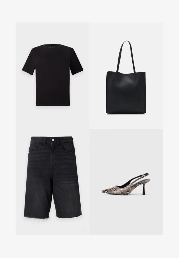 Juodas trumpas rankovės marškinėlis su apvaliu iškirpimu, pagamintas iš minkštos medvilnės medžiagos. Paprastas dizainas, be matomų logotipų ar raštų.; Juodi džinsiniai šortai su aukštu liemeniu, penkiais kišenėmis, mygtukų uždarymu ir suplėšytu kraštu. Ypatybės: lygus paviršius su šiek tiek išblukusia spalva.; V-formos slingback batai, pagaminti iš tekstūruoto gyvatės odos raštų, su siauru juodu kulnu ir išpjova šonuose.; Juodas odinis tote krepšys su lygia tekstūra, stačiakampio formos ir dviem ilgais rankenomis. Matomų metalinių detalių ar puošybos nėra.