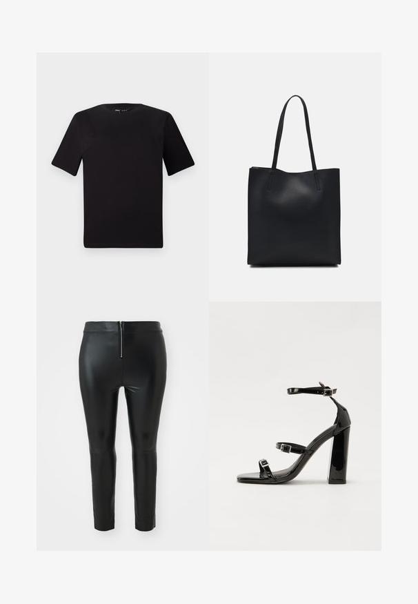 Svart t-skjorte med korte ermer og rund hals, laget av mykt bomullsstoff. Enkelt design, ingen synlige logoer eller mønstre.; Sorte faux lær bukser med høy midje, med en baklomme og en slim fit. Jevn tekstur og minimalistisk design.; Svart høyglans sandaler med hæl, firkantet tå, ankelremmer og sølvspenner. Har en kraftig blokkhæl for stabilitet.; Svart lær tote bag med glatt tekstur, rektangulær form og to lange håndtak. Ingen synlige deler eller dekorasjoner.
