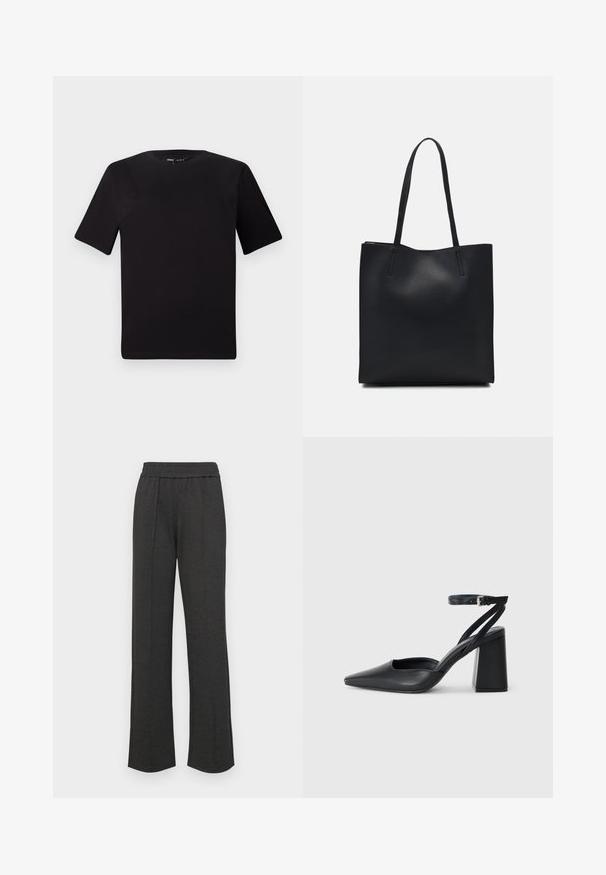 Tricou scurt negru cu mânecă scurtă și guler rotund, realizat dintr-un material de bumbac moale. Design simplu, fără logo-uri sau modele vizibile.; Pantaloni negri cu croi drept, cu un tiv elastic, pliseuri frontale, material moale și fără modele sau detalii de metal vizibile.; Pantofii cu toc ascuțit din piele neagră, cu breteaua pentru glezne și toc gros. Textură netedă, design elegant și estetică minimală.; Geantă tote neagră din piele, cu textură netedă, formă rectangulară și două mânere lungi. Fără hardware vizibil sau ornamente.