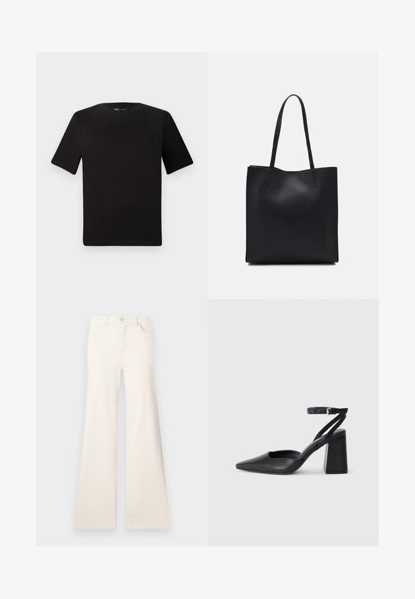 Schwarzes T-Shirt mit kurzen Ärmeln und Rundhalsausschnitt, aus weichem Baumwollmaterial gefertigt. Schlichtes Design, keine sichtbaren Logos oder Muster.; ONLY ONLMADISON WIDE - Wide Leg - ecru; Schwarze Leder-Pumps mit spitzer Zehe, einem Knöchelriemen und einem blockigen Absatz. Flache Textur, elegantes Design und minimalistische Ästhetik.; Schwarze Laptoptasche aus Leder mit glatter Textur, rechteckiger Form und zwei langen Griffen. Keine sichtbaren Beschläge oder Verzierungen.