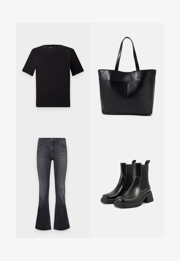 T-shirt preta de mangas curtas com decote redondo, feita de tecido de algodão suave. Design simples, sem logótipos ou padrões visíveis.; Jeans boca de sino em denim cinza escuro com um acabamento desbotado. Apresenta um design padrão de cinco bolsos e fecho de botão metálico na cintura.; Botas Chelsea em couro preto com um salto grosso, painéis laterais elásticos e costura branca em contraste. Acabamento texturizado.; Bolsa tote preta em couro com duas alças longas, textura suave e forma estruturada. Apresenta um bolso frontal para armazenamento adicional.