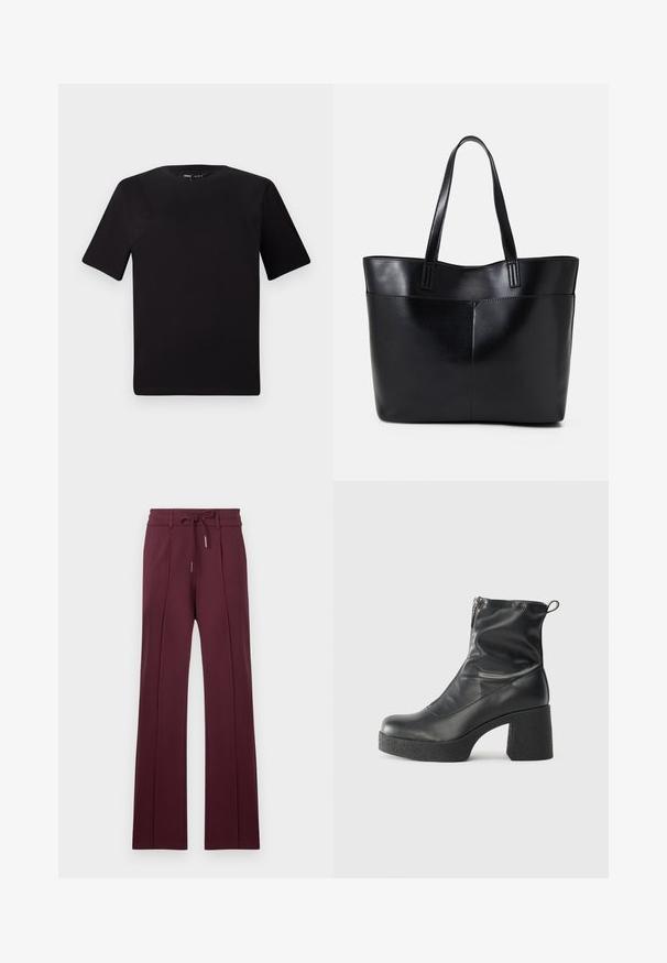 T-shirt noir à manches courtes avec un col rond, fabriqué en coton doux. Design simple, sans logos ni motifs visibles.; Pantalons larges bordeaux en tissu doux avec une taille à cordon de serrage et des plis à l'avant. Ourlet plat et texture lisse.; Bottes noires à la cheville en cuir lisse, dotées d'une fermeture éclair sur le côté, d'un talon épais texturé et d'une conception à bout rond.; Sac fourre-tout en cuir noir avec deux longues poignées, une texture lisse et une forme structurée. Dispose d'une poche avant pour un rangement supplémentaire.