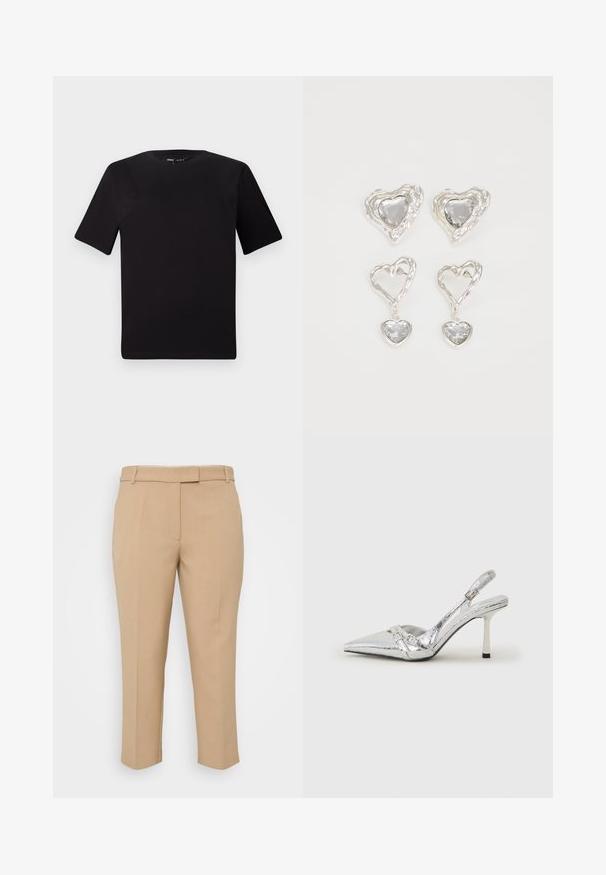 Black short-sleeve t-shirt with a round neckline, crafted from soft cotton fabric. Simple design, no visible logos or patterns.; Beige tailored trousers with a straight cut, mid-rise waistband, and side pockets. Smooth texture with crisp pleats and cuffed ankle length.; Silver slingback high heel shoe with a pointed toe, metallic finish, two decorative straps, and a slender heel with a black tip.; Silver heart-shaped earrings feature faceted clear stones, with a textured frame. The set includes stud and drop styles.