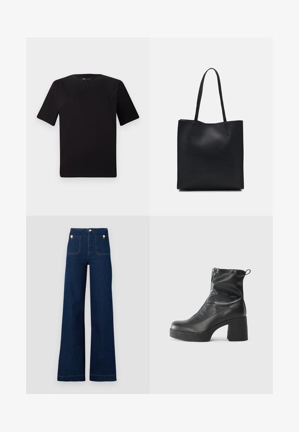 Black short-sleeve t-shirt with a round neckline, crafted from soft cotton fabric. Simple design, no visible logos or patterns.; Dark blue wide-leg jeans with high waist, gold button accents, two front and back pockets, and contrasting stitch details. Textured denim fabric.; Black ankle boots made of smooth leather, featuring a side zipper, chunky textured heel, and rounded toe design.; Black leather tote bag with smooth texture, rectangular shape, and two long handles. No visible hardware or embellishments.