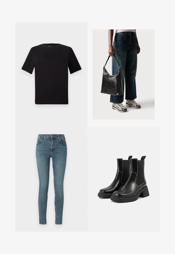 Fekete, rövid ujjú póló, kerek nyakkal, puha pamutból készült. Egyszerű dizájn, nincs látható logó vagy minta.; Közép kék denim skinny farmernadrág. Klasszikus ötpocket dizájn, elöl gombos záródással és finom kopásokkal. Sima textúrájú.; Fekete bőr Chelsea csizmák masszív sarkakkal, rugalmas oldalsó panelekkel és kontrasztos fehér varrással. Texturált felület.; Fekete bőr válltáska sima textúrával és állítható pánttal, melyet elnyűtt, bő szárú farmernadrággal és sportcipőkkel párosítottak.