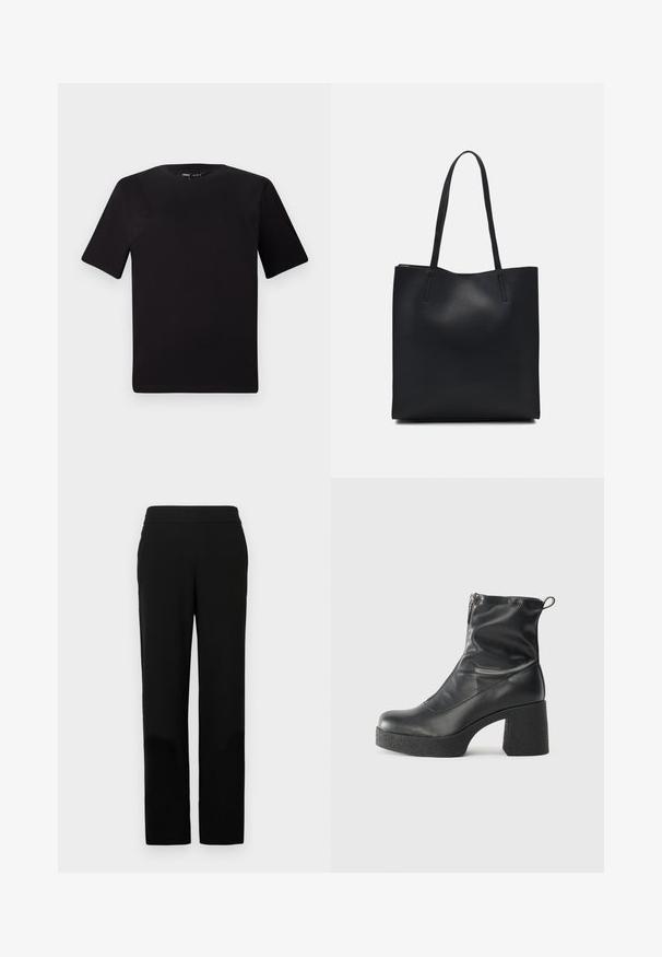Crna majica kratkih rukava s okruglim izrezom, izrađena od mekane pamučne tkanine. Jednostavan dizajn, bez vidljivih logotipa ili uzoraka.; Crne ravne hlače za žene s srednje visokim strukom, ravnim prednjim dijelom i bez vidljivih džepova ili ukrasa.; Crne gležnjače od glatke kože, s bočnim zatvaračem, debelim teksturiranim potplatom i dizajnom s zaobljenim prstima.; Crna kožna torba za nošenje s glatkom teksturom, pravokutnim oblikom i dvije duge ručke. Nema vidljivih metalnih dijelova ili ukrasa.
