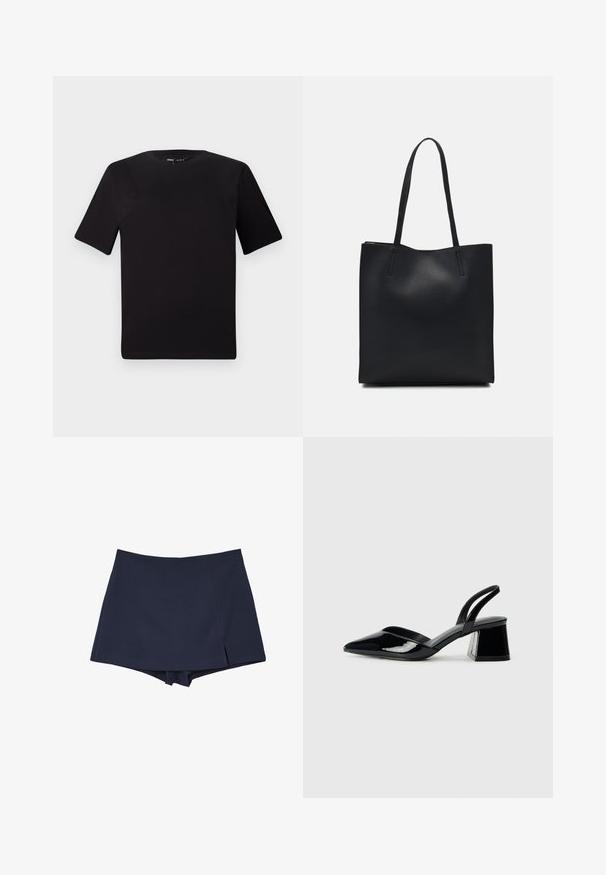 Schwarzes T-Shirt mit kurzen Ärmeln und Rundhalsausschnitt, aus weichem Baumwollmaterial gefertigt. Schlichtes Design, keine sichtbaren Logos oder Muster.; Marineblaue Skort mit einem Wickel-Design vorne und kurzer Länge, mit einem kleinen Schlitz auf der rechten Seite.; Schwarze Lackleder-Slingback-High Heels mit spitzem Schuh und einem geometrischen Blockabsatz. Verfügt über ein schlankes, minimalistisches Design und eine glatte Textur.; Schwarze Laptoptasche aus Leder mit glatter Textur, rechteckiger Form und zwei langen Griffen. Keine sichtbaren Beschläge oder Verzierungen.