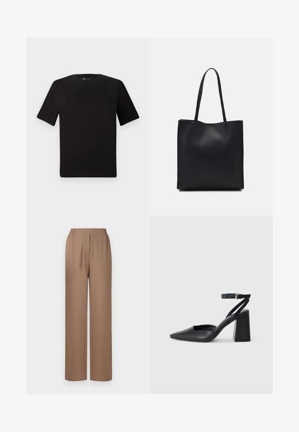 Svart t-skjorte med korte ermer og rund hals, laget av mykt bomullsstoff. Enkelt design, ingen synlige logoer eller mønstre.; Brune vide benbukser med elastisk talje, laget av et mykt stoff. Har en avslappet passform og rett hem for komfort.; Svart lær pumps med spiss tå, ankelrem og kraftig hæl. Flat tekstur, strømlinjeformet design og minimalisme.; Svart lær tote bag med glatt tekstur, rektangulær form og to lange håndtak. Ingen synlige deler eller dekorasjoner.