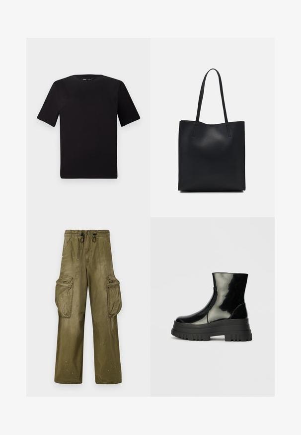 Melnas īsām piedurknēm T-krekls ar apaļu kakla izgriezumu, izgatavots no mīksta kokvilnas auduma. Vienkāršs dizains, bez redzamām logo vai rakstiem.; Olīvzaļas apakšbikses ar brīvu piegriezumu, elastīgu jostu, auklu, divām sānu kabatām un divām lielām kravas kabatām. Viegls nolietojums.; Melnas spīdīgas potītes zābaki ar biezu zoli un noapaļotu purngalu, sānu skats uz vienkārša gaiši pelēka fona.; Melnas ādas somiņa ar gludu tekstūru, taisnstūra formu un divām garām rokturiem. Nav redzamu aparatūras vai rotājumu.