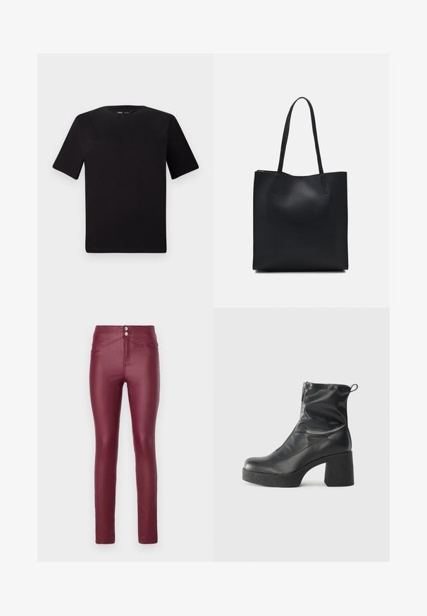 Must olema lühikeste varrukatega must t-särk ümmarguse kaelusega, valmistatud pehmest puuvillast kangast. Lihtne disain, ilma nähtavate logode või mustriteta.; Burgundia faux nahkaste kitsas püksid kõrge vöökohtadega, millel on kaks esimest nuppu, nurga all esipocketid ning sile ja läikiv tekstuur.; Mustad mustad ansapüksid, mis on valmistatud siledast nahast, külje zipperiga, paksu tekstuuriga kontsaga ja ümmarguse nina disainiga.; Mustast nahast kott sujuva tekstuuriga, ristkülikukujuline ja kahe pika sangaga. Pole nähtavat riistvara ega kaunistusi.