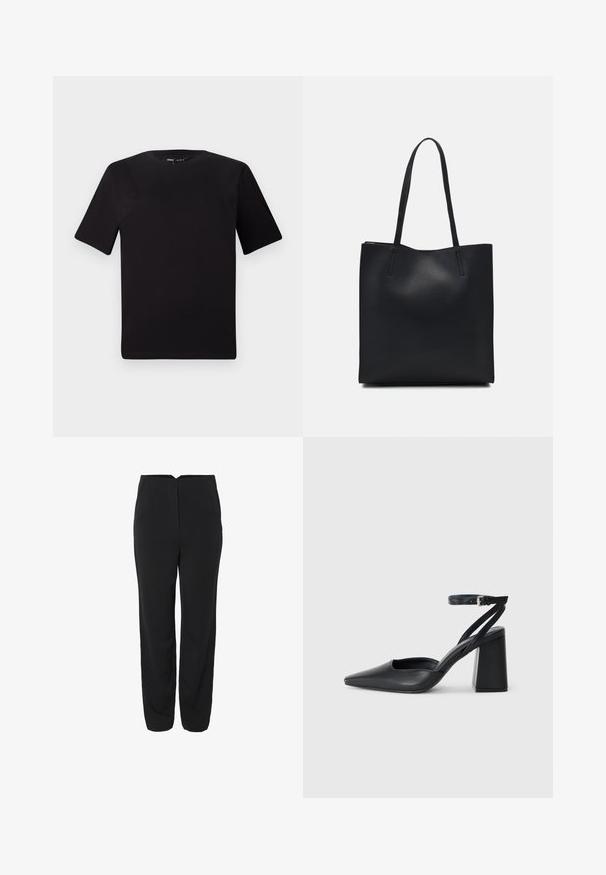 Černé tričko s krátkým rukávem a kulatým výstřihem, vyrobené z měkké bavlněné látky. Jednoduchý design, žádné viditelné logo nebo vzory.; Černé kalhoty s rovným střihem, se dvěma předními kapsami a hladkým povrchem. Discretní švy na přední straně.; Černé kožené lodičky se špičatou špičkou, kotníkovým páskem a silným podpatkem. Hladká textura, elegantní design a minimalistická estetika.; Černá kožená taška přes rameno s hladkým povrchem, obdélníkovým tvarem a dvěma dlouhými uchy. Žádné viditelné kování ani ozdoby.