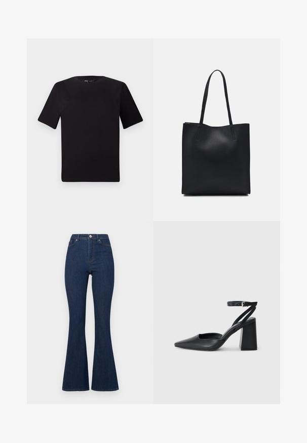 T-shirt preta de mangas curtas com decote redondo, feita de tecido de algodão suave. Design simples, sem logótipos ou padrões visíveis.; Jeans flare em denim azul escuro, com cintura alta, apresentando fecho com zíper e botão, e costuras subtis ao longo das costuras.; Sandal com biqueira afilada em couro preto, com cinta no tornozelo e salto grosso. Textura lisa, design elegante e estética minimalista.; Bolsa tote preta em couro com textura lisa, forma retangular e duas alças longas. Sem hardware ou enfeites visíveis.