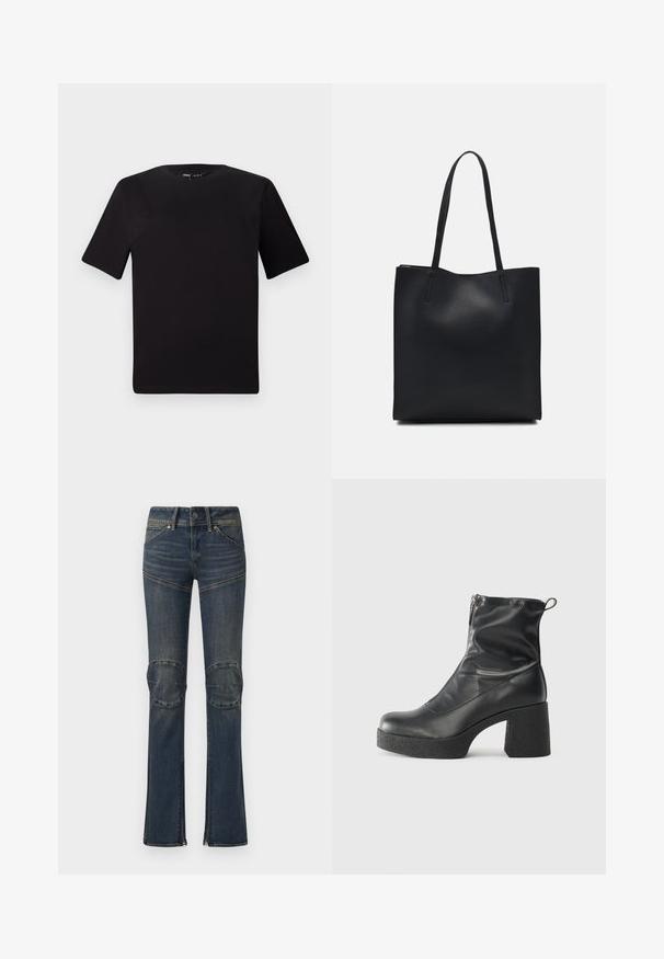 T-shirt nera a maniche corte con scollatura rotonda, realizzata in morbido cotone. Design semplice, senza loghi o motivi visibili.; Jeans in denim blu scuro con una forma svasata, con toppe sulle ginocchia, cuciture bianche e dettagli in metallo argentato. Orli con zip alle caviglie.; Stivali neri alla caviglia in pelle liscia, con zip laterale, tacco spesso e texture, e punta arrotondata.; Borsa tote in pelle nera con texture liscia, forma rettangolare e due manici lunghi. Nessun hardware o decorazione visibile.