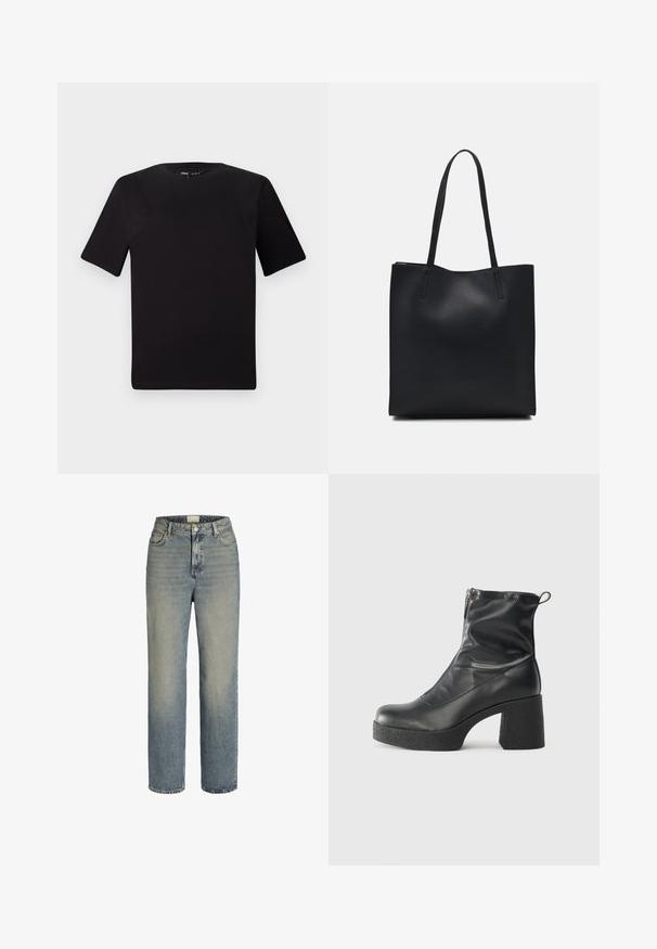T-shirt preta de mangas curtas com decote redondo, feita de tecido de algodão suave. Design simples, sem logótipos ou padrões visíveis.; Jeans de ganga azul claro com design de perna reta, alta cintura, estilo de cinco bolsos e desvanecimento sutil. Apresenta um fecho com botão de metal e zipper.; Botas de tornozelo pretas feitas de couro liso, com fecho lateral, salto grosso texturizado e design de bico arredondado.; Bolsa tote preta em couro com textura lisa, forma retangular e duas alças longas. Sem hardware ou enfeites visíveis.