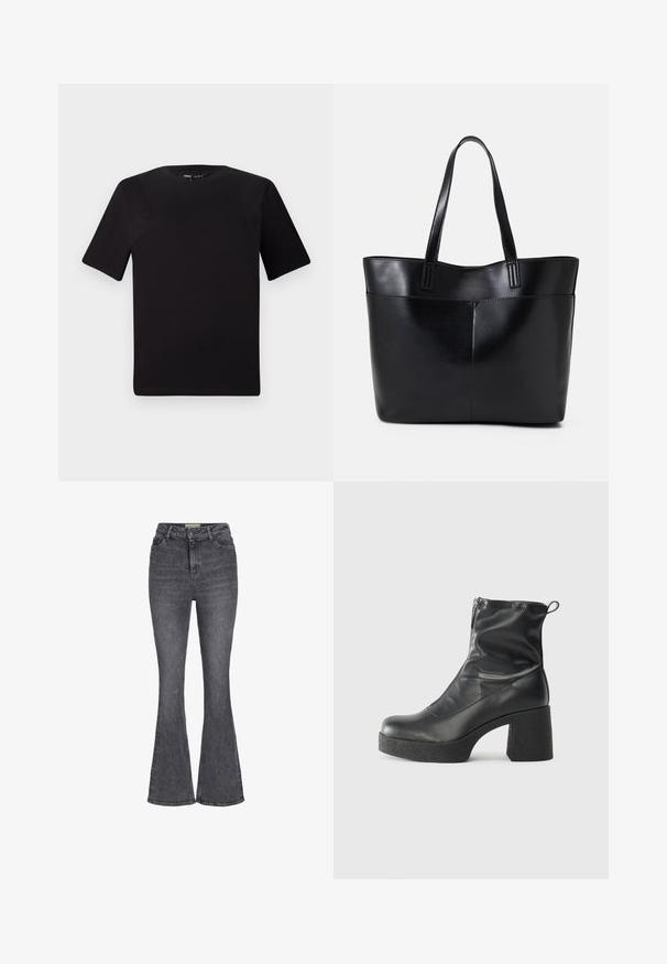 Must olema lühikeste varrukatega must t-särk ümmarguse kaelusega, valmistatud pehmest puuvillast kangast. Lihtne disain, ilma nähtavate logode või mustriteta.; Tumedast hallist denimist kõrge vöökoha ja laienevate säärtega teksad, millel on klassikaline viietasku disain, nupukinnitus ja kerge kulumisefekt.; Mustad mustad ansapüksid, mis on valmistatud siledast nahast, külje zipperiga, paksu tekstuuriga kontsaga ja ümmarguse nina disainiga.; Must mustaga musta nahast, millel on kaks pikka kanda, sile tekstuur ja struktureeritud kuju. Esipoolsel on lisakoti jaoks tasku.