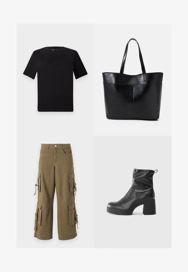 Black short-sleeve t-shirt with a round neckline, crafted from soft cotton fabric. Simple design, no visible logos or patterns.; Cargo pants in olive green cotton. Features multiple side pockets, adjustable ties, and a loose fit. Soft texture with stitched detailing.; Black ankle boots made of smooth leather, featuring a side zipper, chunky textured heel, and rounded toe design.; Black leather tote bag with two long handles, a smooth texture, and a structured shape. Features a front pocket for additional storage.