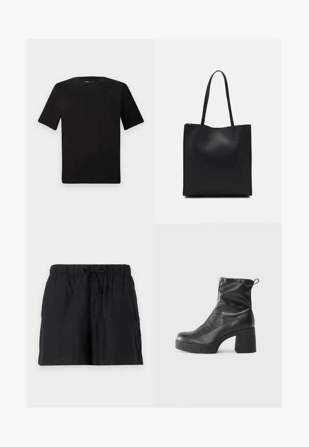 Camiseta negra de manga corta con cuello redondo, fabricada en suave algodón. Diseño simple, sin logos ni patrones visibles.; Pantalones cortos de lino negro con una cinturilla elástica y cordón. Cuenta con bolsillos laterales y un diseño de ajuste relajado.; Botines negros de tobillo, hechos de cuero suave, con cierre lateral, tacón grueso texturizado y diseño de punta redondeada.; Bolso tote de cuero negro con textura lisa, forma rectangular y dos asas largas. Sin herrajes ni adornos visibles.