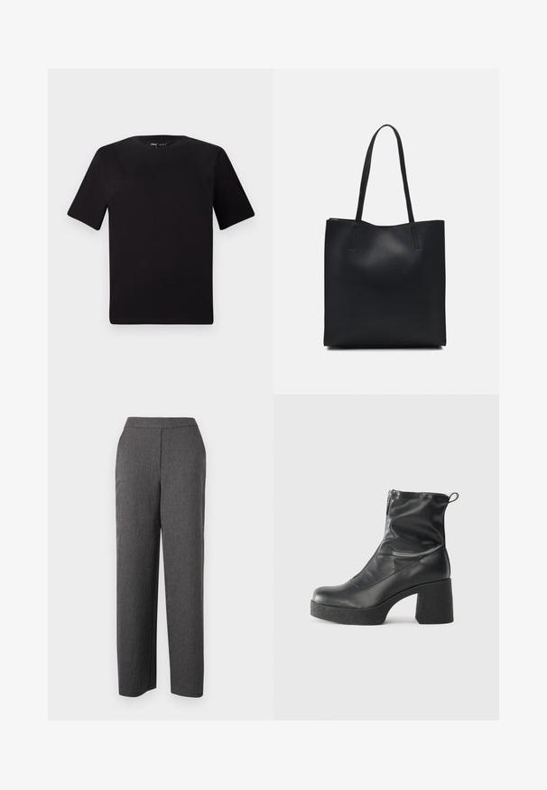 Black short-sleeve t-shirt with a round neckline, crafted from soft cotton fabric. Simple design, no visible logos or patterns.; Gray trousers made of textured fabric with a straight-leg design, featuring a smooth waistband and no visible pockets.; Black ankle boots made of smooth leather, featuring a side zipper, chunky textured heel, and rounded toe design.; Black leather tote bag with smooth texture, rectangular shape, and two long handles. No visible hardware or embellishments.