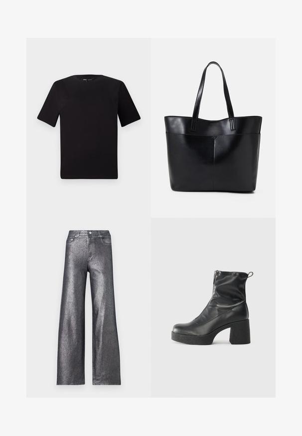 Crna majica kratkih rukava s okruglim izrezom, izrađena od mekane pamučne tkanine. Jednostavan dizajn, bez vidljivih logotipa ili uzoraka.; Srebrne metalik široke traperice viskog struka, s pet džepova i zatvaranjem na dugme. Tkanina ima glatku, sjajnu teksturu.; Crne gležnjače od glatke kože, s bočnim zatvaračem, debelim teksturiranim potplatom i dizajnom s zaobljenim prstima.; Crna kožna torba s dugim ručkama, glatkom teksturom i strukturiranim oblikom. Ima prednju džep za dodatno pohranu.